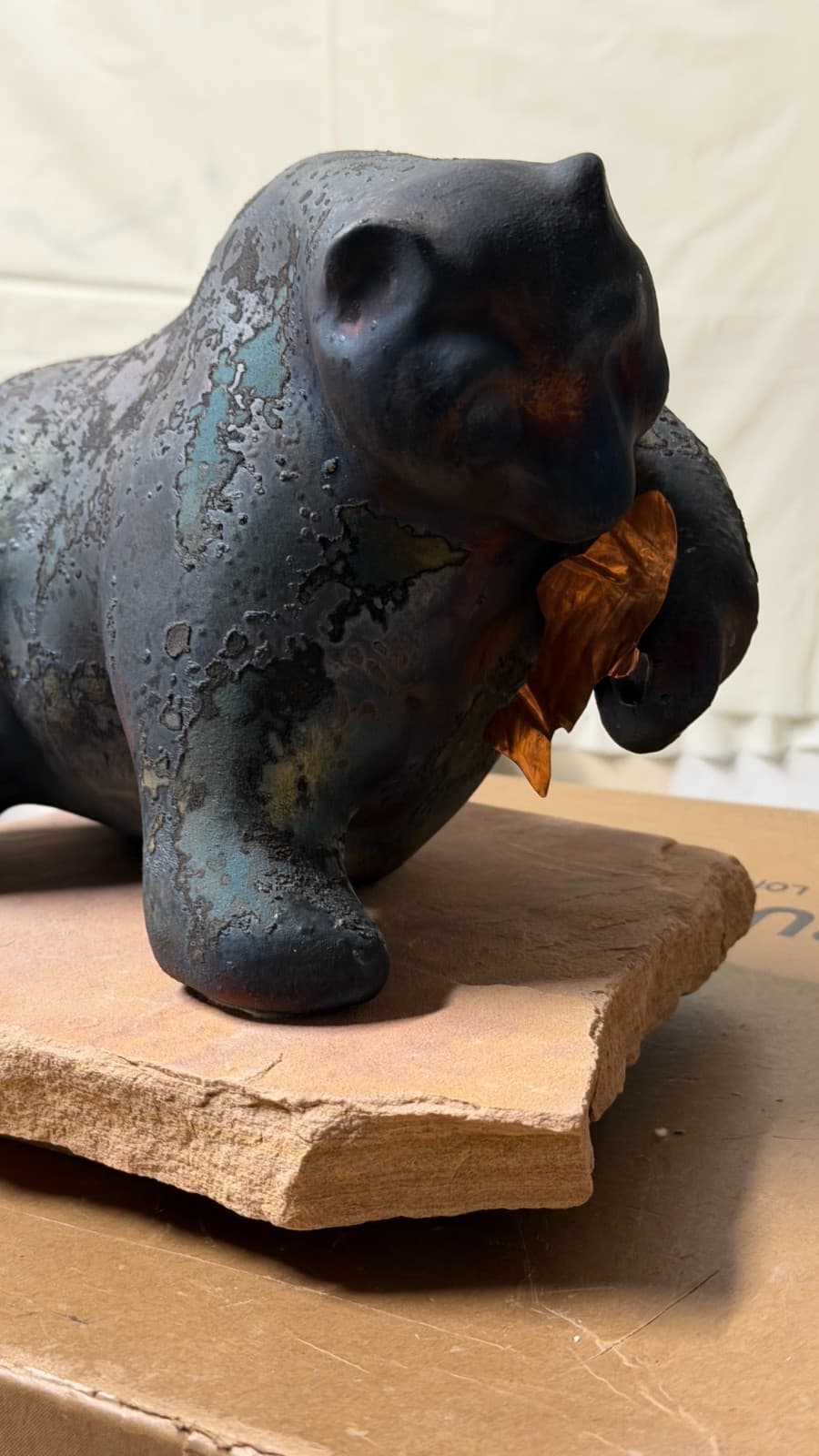 Evans Designs Raku Bear with Fish Sculpture on Stone Base Signed California - Thumbnail 4