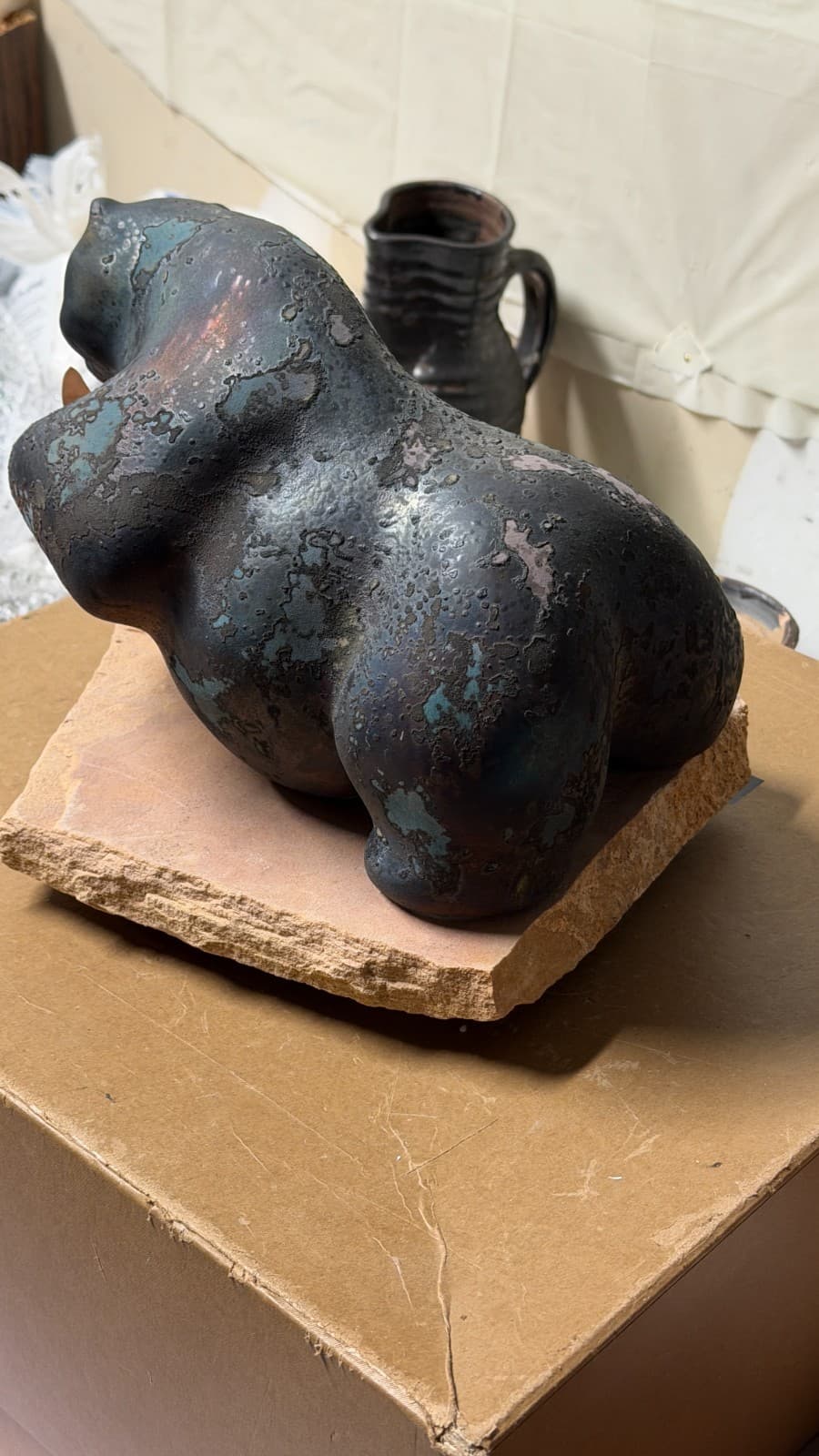 Evans Designs Raku Bear with Fish Sculpture on Stone Base Signed California - Thumbnail 13