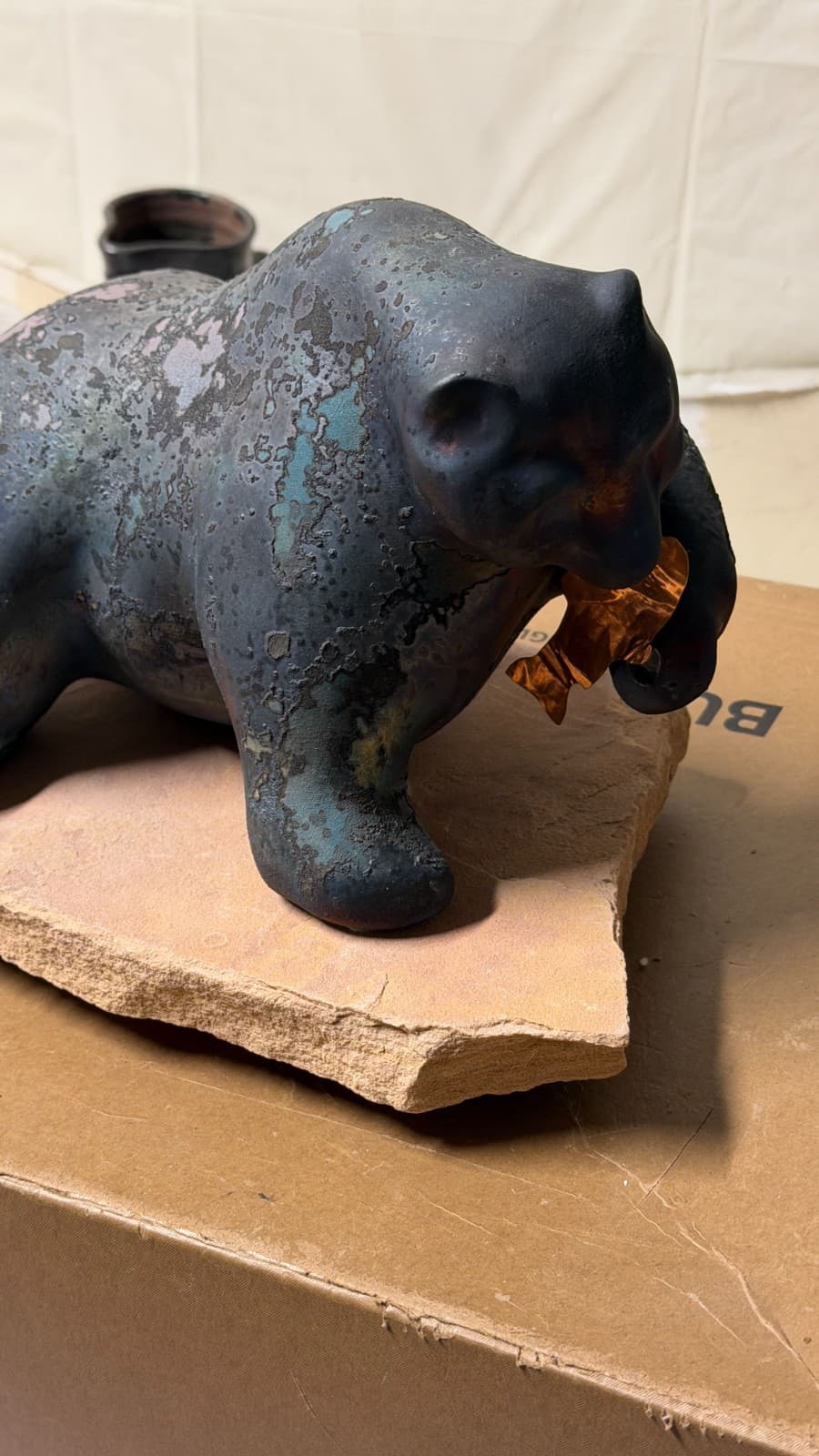 Evans Designs Raku Bear with Fish Sculpture on Stone Base Signed California - Thumbnail 3