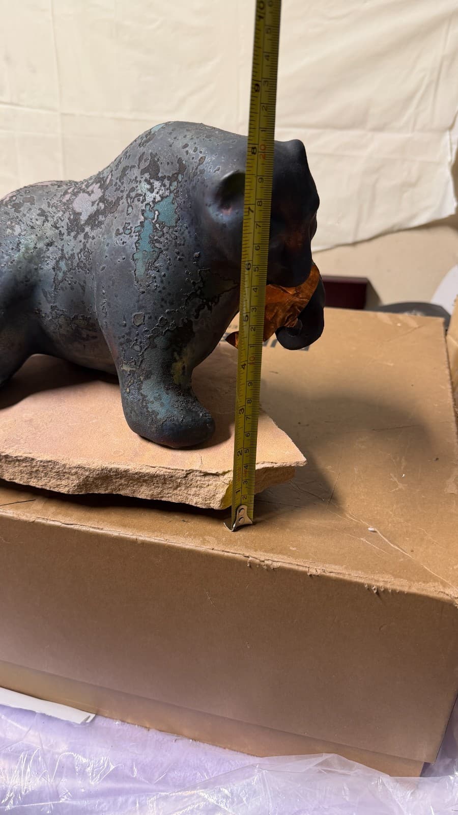 Evans Designs Raku Bear with Fish Sculpture on Stone Base Signed California - Thumbnail 17