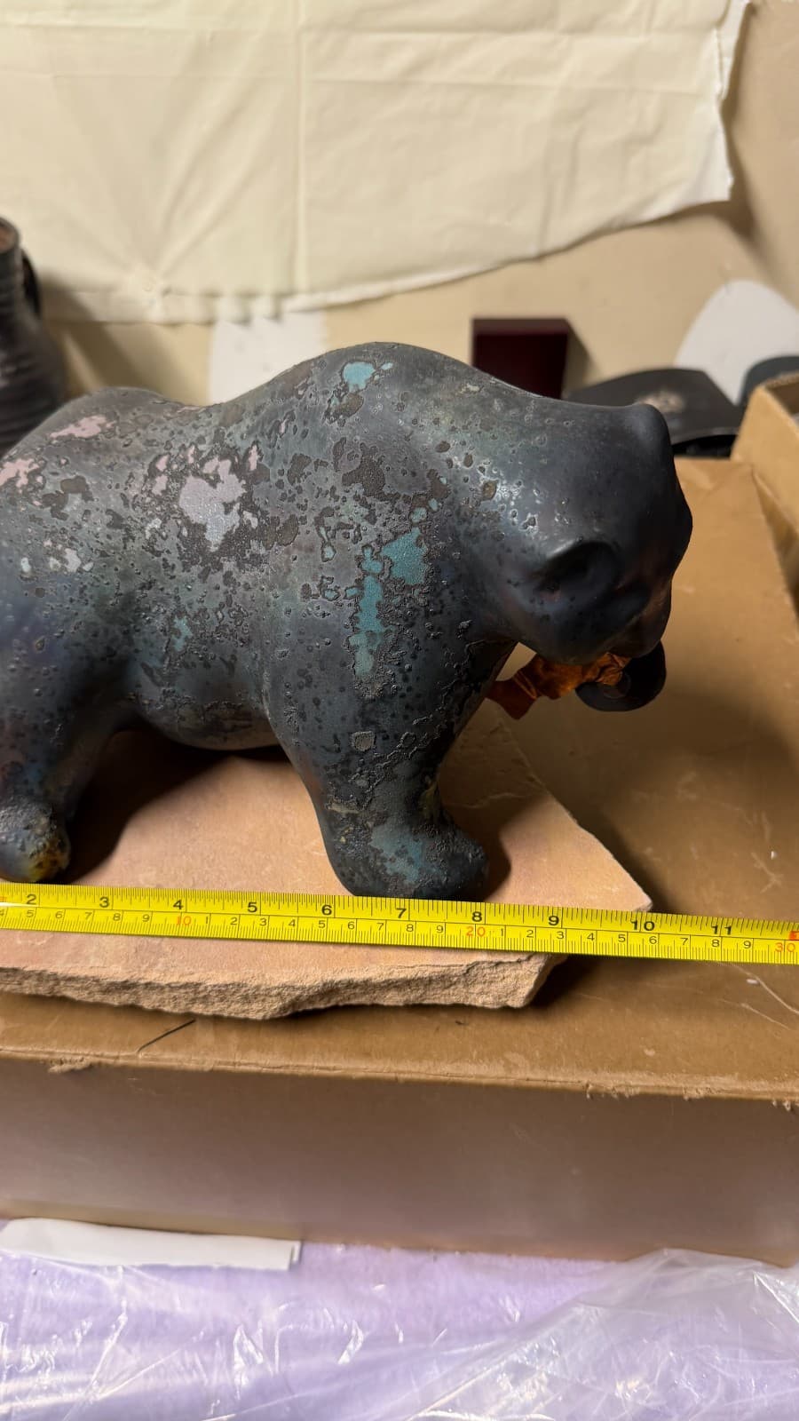 Evans Designs Raku Bear with Fish Sculpture on Stone Base Signed California - Thumbnail 16