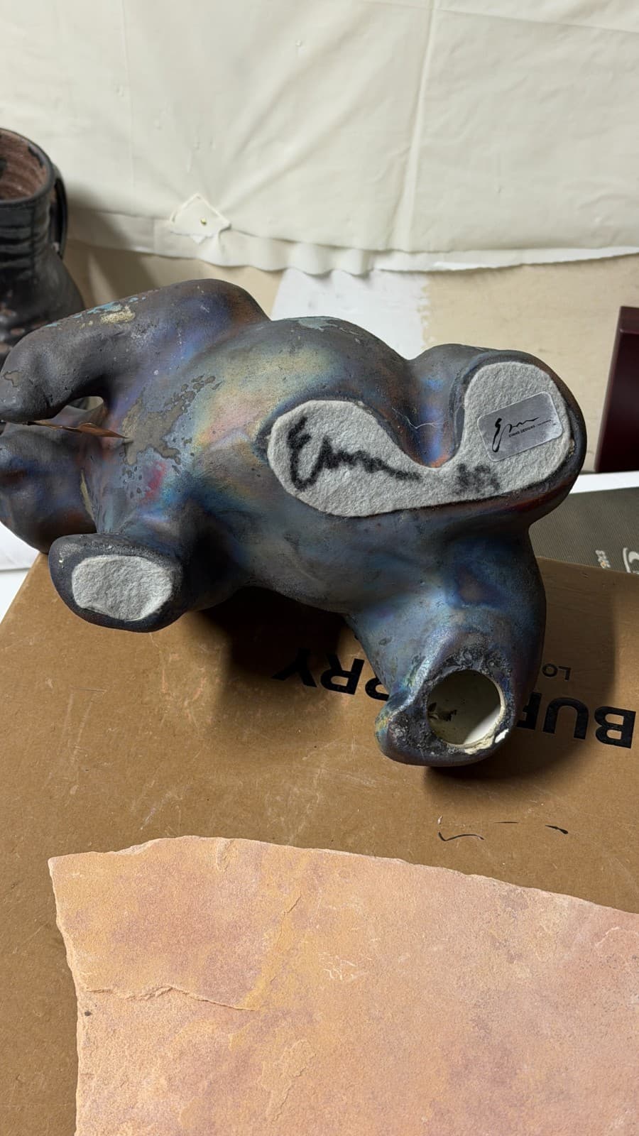 Evans Designs Raku Bear with Fish Sculpture on Stone Base Signed California - Thumbnail 11