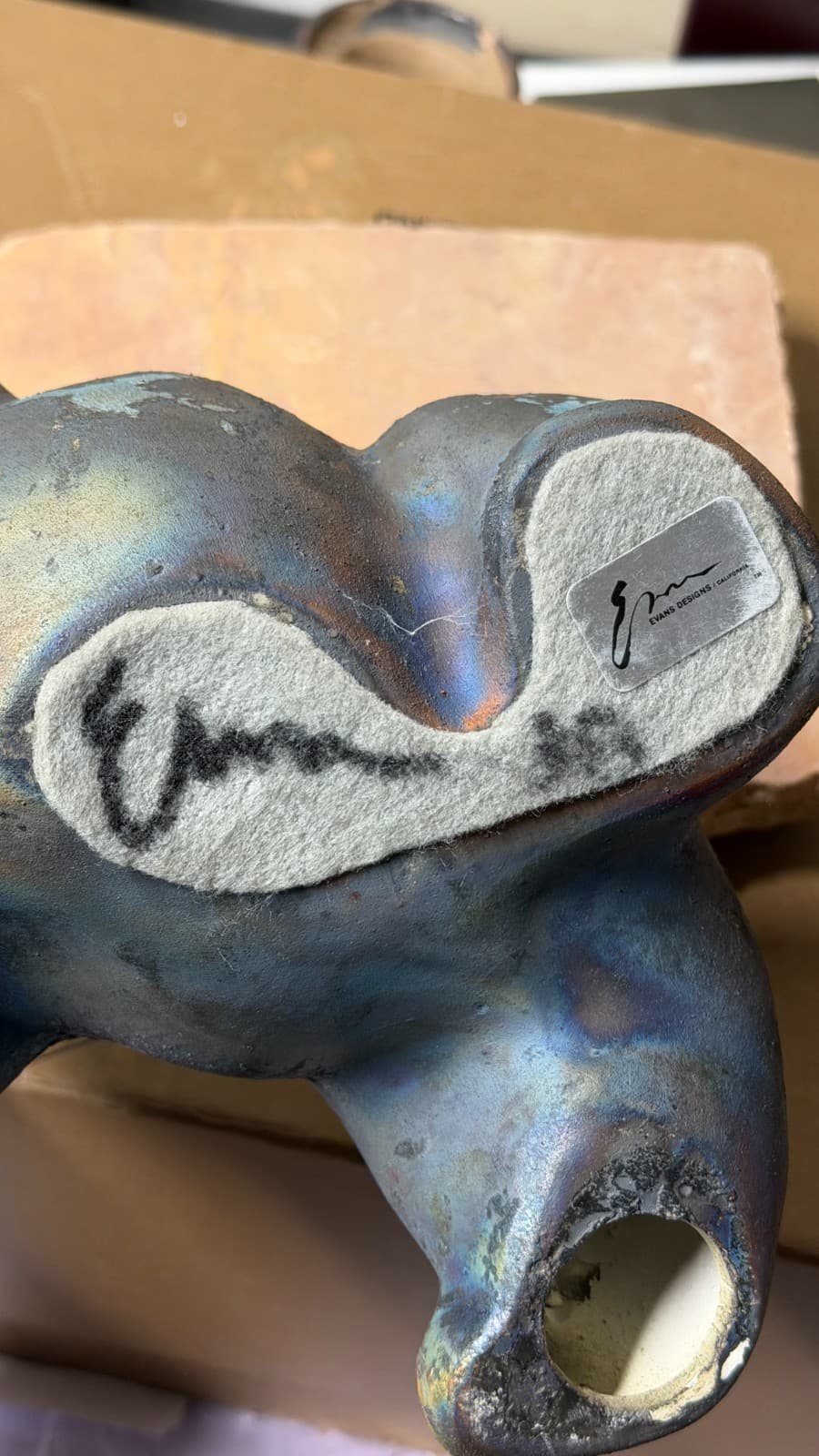 Evans Designs Raku Bear with Fish Sculpture on Stone Base Signed California - Thumbnail 12