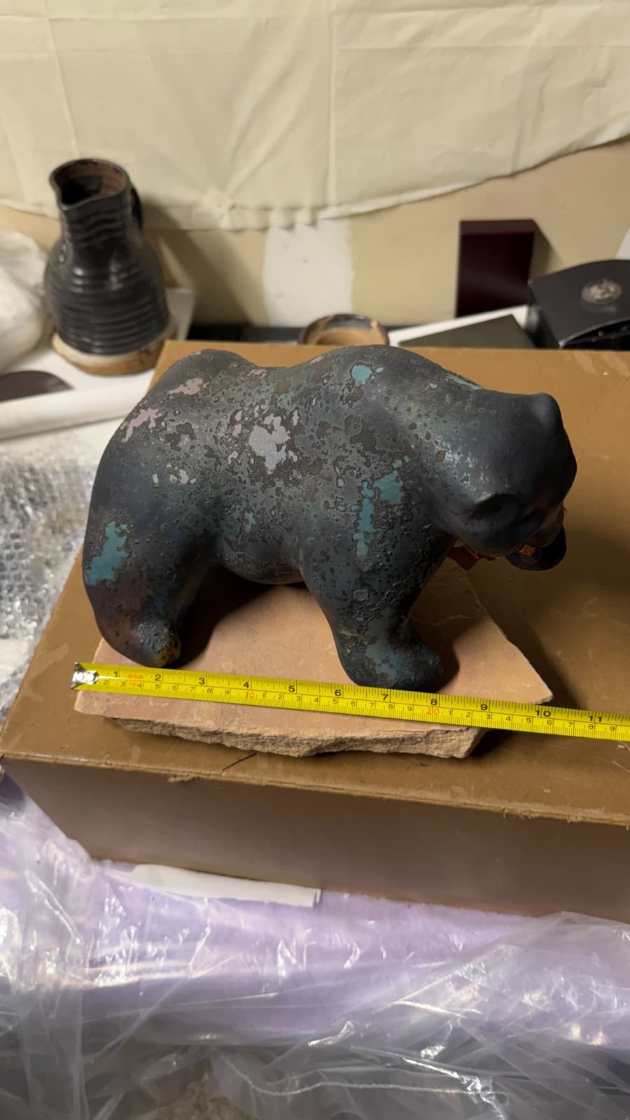 Evans Designs Raku Bear with Fish Sculpture on Stone Base Signed California - Thumbnail 15