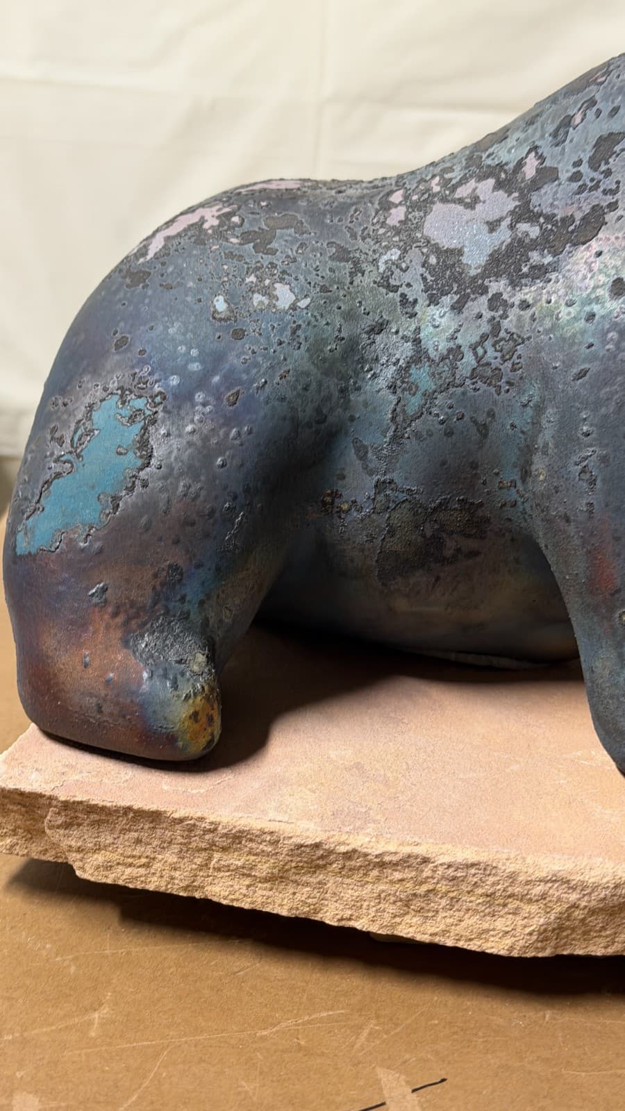 Evans Designs Raku Bear with Fish Sculpture on Stone Base Signed California - Thumbnail 5