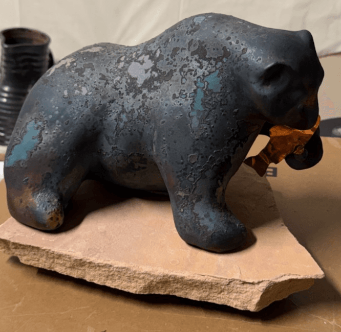 Evans Designs Raku Bear with Fish Sculpture on Stone Base Signed California