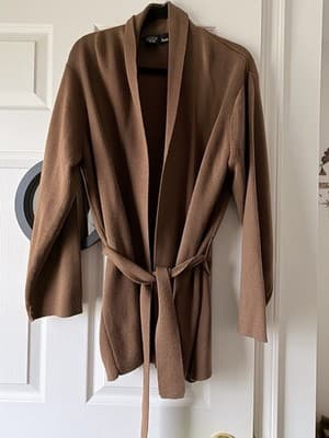 Anne Klein 100% Wool Cardigan Brown Belted Sweater Small Petite