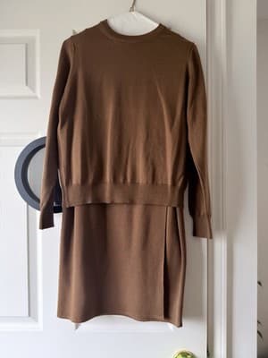 Anne Klein II 100% Wool Brown Sweater Skirt Set Petite S 2 Piece Outfit