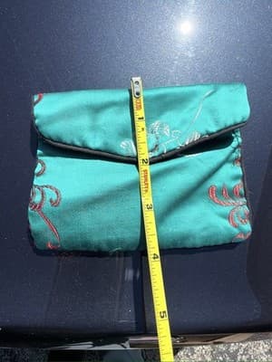 Vintage Brocade Jewelry Pouch Green Red Fabric Coin Purse Small - Thumbnail 2