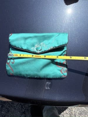 Vintage Brocade Jewelry Pouch Green Red Fabric Coin Purse Small - Thumbnail 3