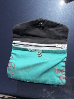Vintage Brocade Jewelry Pouch Green Red Fabric Coin Purse Small - Thumbnail 4