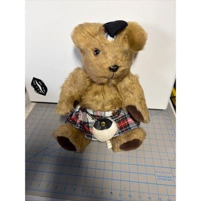 Vintage Scottish Teddy Bear Tartan Kilt Glengarry Bonnet Sporran 12 Inch Plush - Thumbnail 3