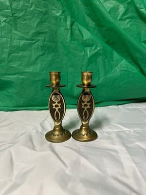 Vintage Brass Judaica Candle Holders Set of 2 Star of David Menorah