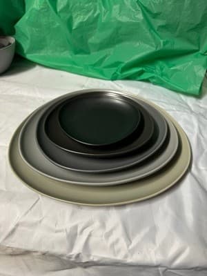 Crate & Barrel Dinner Plates Set Modern Matte Gray Green Black Stoneware
