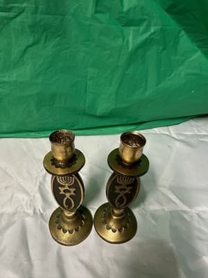 Vintage Brass Judaica Candle Holders Set of 2 Star of David Menorah - Thumbnail 2