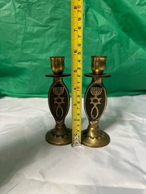 Vintage Brass Judaica Candle Holders Set of 2 Star of David Menorah - Thumbnail 7