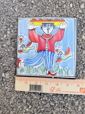 Vintage Decorative Ceramic Tile Wall Art Denmark Hand Painted Folk Design - Thumbnail 3