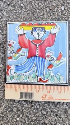 Vintage Decorative Ceramic Tile Wall Art Denmark Hand Painted Folk Design - Thumbnail 4