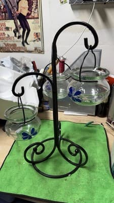 Metal Plant Stand w/ 3 Hanging Glass Planters Blue Flower Design - Thumbnail 3