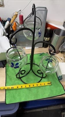 Metal Plant Stand w/ 3 Hanging Glass Planters Blue Flower Design - Thumbnail 11