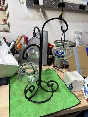 Metal Plant Stand w/ 3 Hanging Glass Planters Blue Flower Design - Thumbnail 2