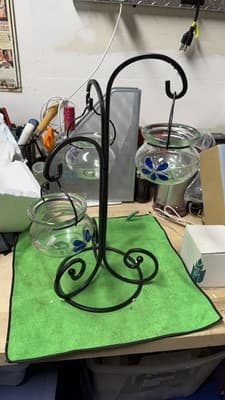Metal Plant Stand w/ 3 Hanging Glass Planters Blue Flower Design - Thumbnail 4
