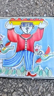 Vintage Decorative Ceramic Tile Wall Art Denmark Hand Painted Folk Design
