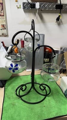 Metal Plant Stand w/ 3 Hanging Glass Planters Blue Flower Design - Thumbnail 5
