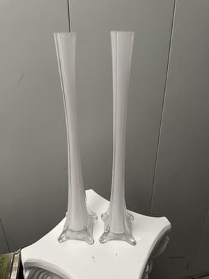 Pair of 15.5” Tall Glass Trumpet Bud Vases White Interior Clear Base New