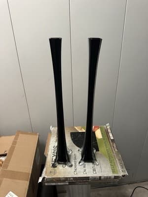 Pair of 15.5” Tall Black Glass Trumpet Bud Vases with Clear Base New