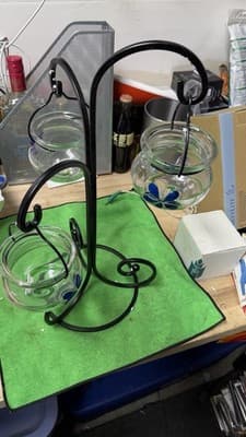 Metal Plant Stand w/ 3 Hanging Glass Planters Blue Flower Design - Thumbnail 6