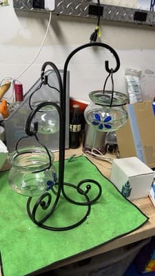 Metal Plant Stand w/ 3 Hanging Glass Planters Blue Flower Design
