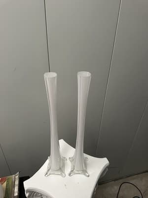 Pair of 15.5” Tall Glass Trumpet Bud Vases White Interior Clear Base New - Thumbnail 5