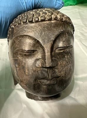 Stone Buddha Head Sculpture Dark Bronze Finish Zen Asian Decor 8”