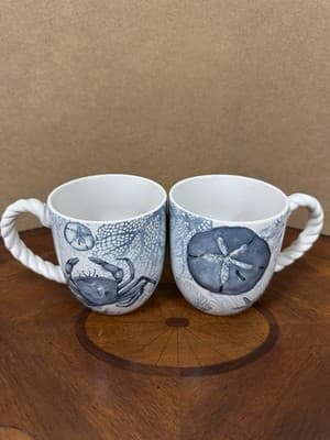 Coastal Themed Ceramic Mugs – Crab & Sand Dollar – Set of 2 Nautical Rope Handle