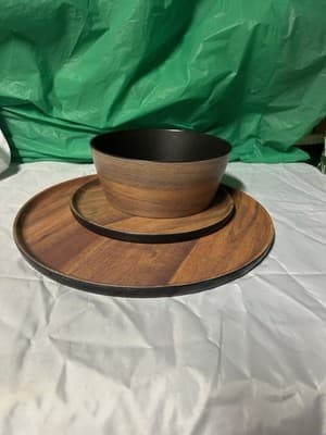 Serving Bowl & Round Tray Set Wood Look Finish Modern Kitchen Decor Used