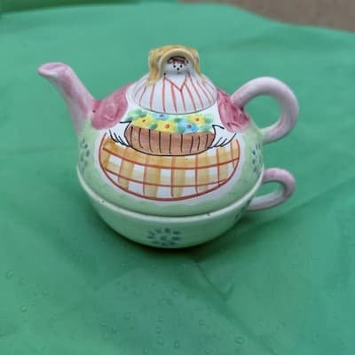 Flora Italy Ceramic Teapot Cup Set Woman Hand Painted