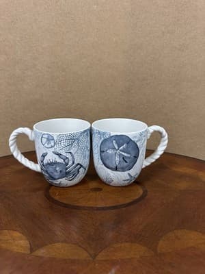 Coastal Themed Ceramic Mugs – Crab & Sand Dollar – Set of 2 Nautical Rope Handle - Thumbnail 3