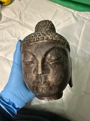 Stone Buddha Head Sculpture Dark Bronze Finish Zen Asian Decor 8” - Thumbnail 8