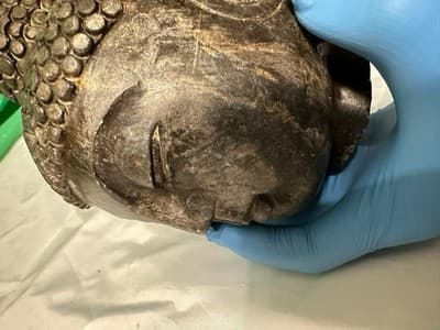 Stone Buddha Head Sculpture Dark Bronze Finish Zen Asian Decor 8” - Thumbnail 2