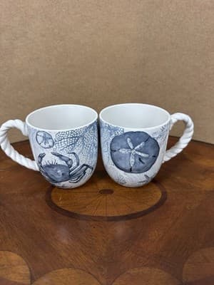 Coastal Themed Ceramic Mugs – Crab & Sand Dollar – Set of 2 Nautical Rope Handle - Thumbnail 2