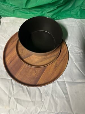 Serving Bowl & Round Tray Set Wood Look Finish Modern Kitchen Decor Used - Thumbnail 2