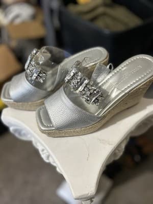 Karl Lagerfeld Paris Silver Espadrille Wedge Sandals with Rhinestones Sz 6.5