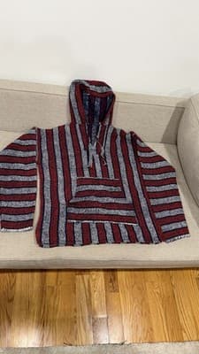Mexican Baja Hoodie Drug Rug Pullover Red Blue White Striped Medium