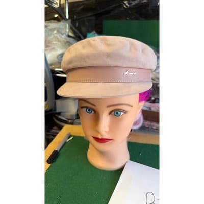 Don Paris Women Beige Baker Boy Newsboy Hat Lambskin Leather Trim Size S
