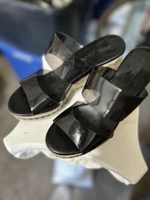 Karl Lagerfeld Paris Cortney Wedge Espadrille Sandals – Black Clear Strap – Size