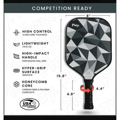 Play. Paddles Elevated Pickleball Paddle Graphite Carbon Fiber USA Approved Grey
