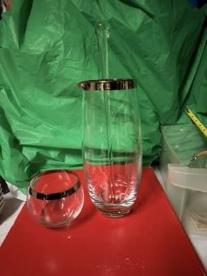 Crate & Barrel Glass Pitcher Stirrer & Tumbler Set Silver Rim Barware - Thumbnail 2
