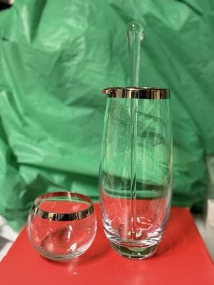 Crate & Barrel Glass Pitcher Stirrer & Tumbler Set Silver Rim Barware - Thumbnail 3