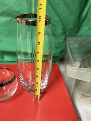 Crate & Barrel Glass Pitcher Stirrer & Tumbler Set Silver Rim Barware - Thumbnail 4